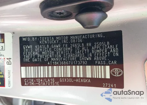 2007 Toyota Avalon Xls z USA, uszkodzony, nr VIN 4T1BK36B67U173792